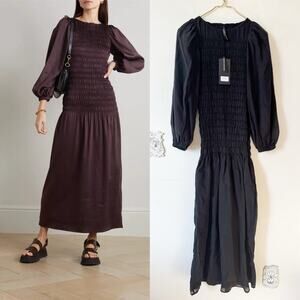 NWT Mother of Pearl Ariella Black Tencel Balloon Sleeve Smocked Midi Dress M